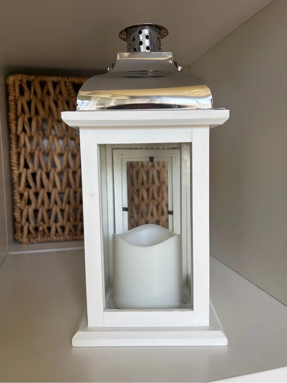 White Wood & Silver Metal Lantern with Flickering Candle